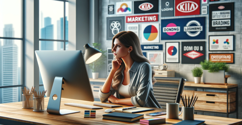 DALL·E 2023-12-25 13.06.22 - A realistic image of a marketing professional, a Caucasian woman in her 30s, sitting at a modern office desk, deeply immersed in thought. The scene ca